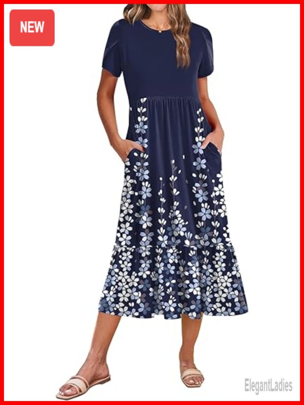 Womens Summer Midi A-Line Dress Short Sleeve Flowy Tiered Beach Sundress with